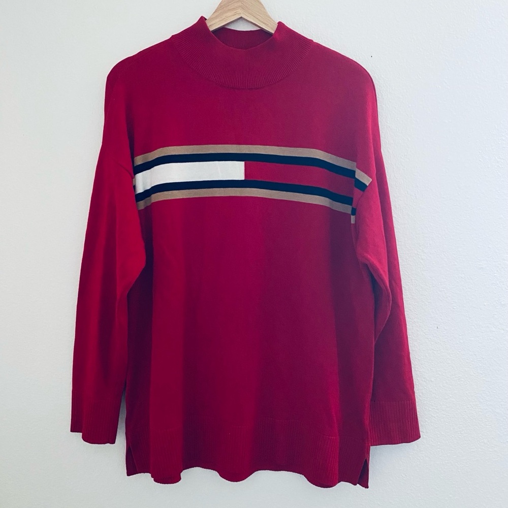 Tommy Hilfiger Red Crewneck Sweater with Stripe Design